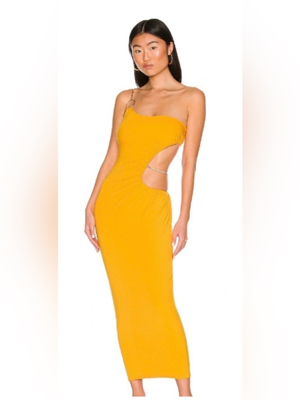 WeWoreWhat One-Shoulder Cutout Midi Dress in Mustard Yellow